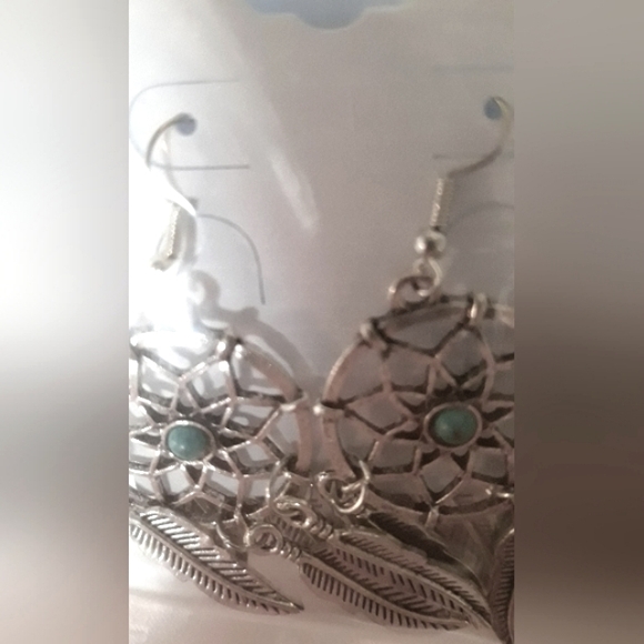 Southwest Silver Turquoise Blue Dream Catcher Earrings Feather Tassel Dangle NEW - Picture 3 of 12